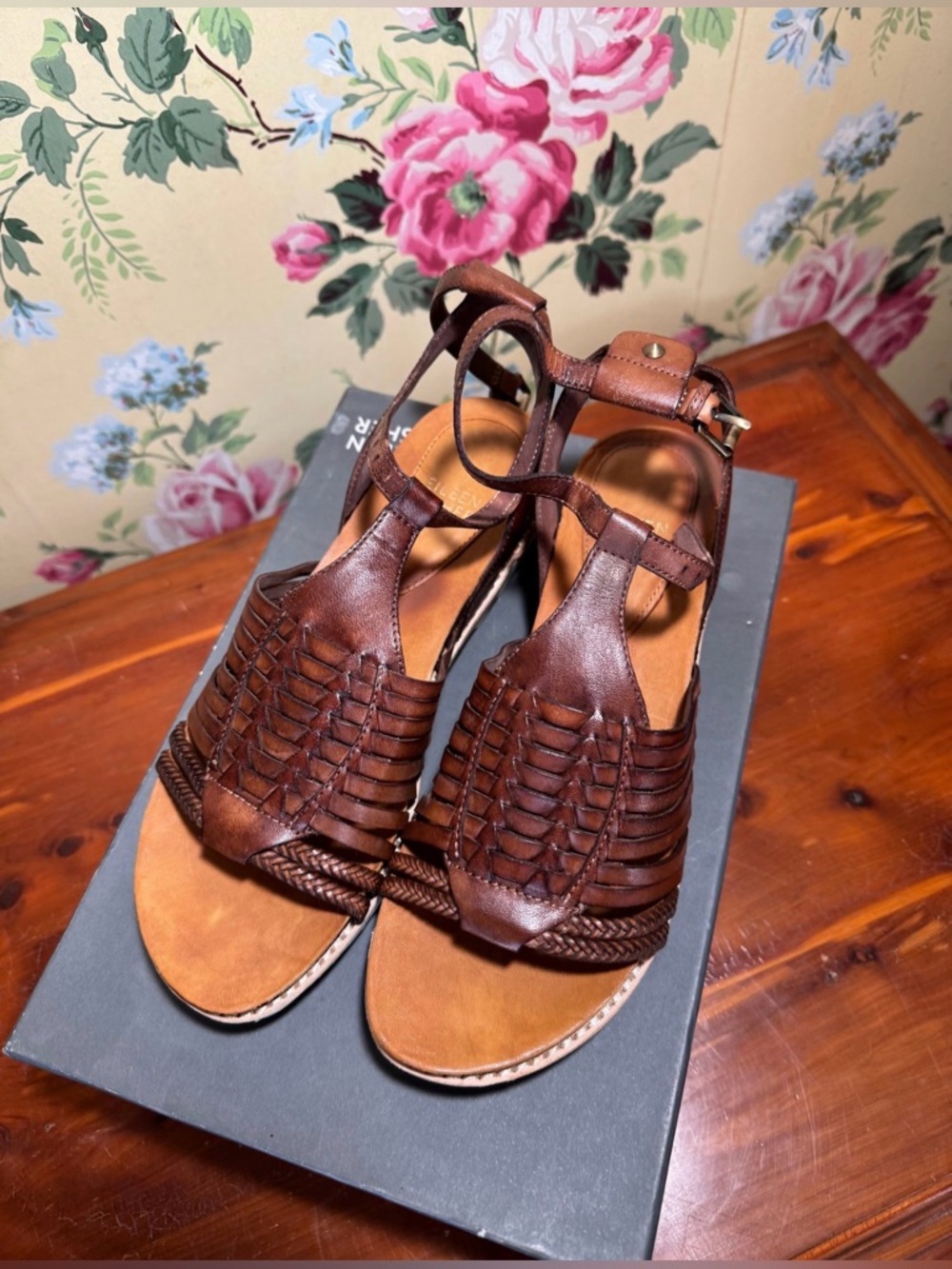 Eileen Fisher Brown Woven Leather Huarache Ankle-Strap Sandal lightweight sole 7 - Picture 3 of 5